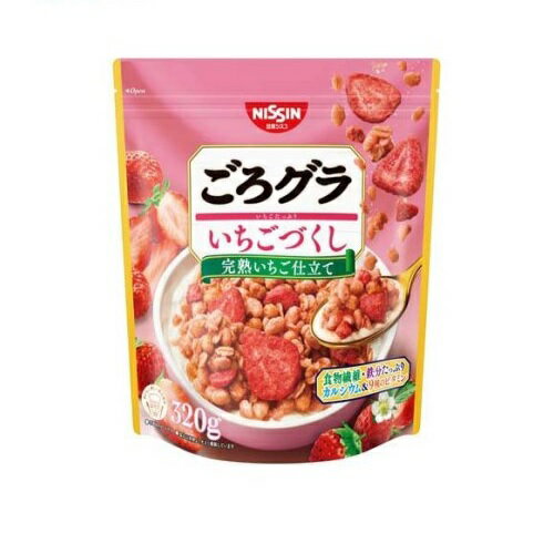 日清シスコ ごろグラいちごづくし 商品説明 『日清シスコ ごろグラいちごづくし』 ◆ごろっとした具材と多彩な食感で心弾むグラノーラ ◆具 大きめスライスいちご、粒いちご ◆シリアル 香り豊かで、甘酸っぱい、いちご味のシリアル ◆機能 食物繊維・鉄分たっぷり！3分の1日分のカルシウムと9種のビタミン入り。 各種ミルクをかけることでPFCバランスを整えることができる。 日清シスコ ごろグラいちごづくし　詳細 栄養成分　1食分(40g)当たり エネルギー 170kcal たんぱく質 2.9g 脂質 5.6g コレステロール 0mg 炭水化物 29.7g 糖質 25.7g 食物繊維 4.0g 食塩相当量 0.22g カルシウム 51mg 鉄 4.4mg ナイアシン 3.2g パントテン酸 0.50mg ビタミンB1 0.34mg ビタミンB2 0.11mg ビタミンB6 0.36mg ビタミンB12 0.30μg ビタミンC 28mg ビタミンD 2.8μg 葉酸9 2μg リン 68mg カリウム 86mg 原材料など 商品名 日清シスコ ごろグラいちごづくし 原材料もしくは全成分 オーツ麦フレーク(オーストラリア製造又はイギリス製造又はその他)、小麦シリアルパフ(大豆を含む)、砂糖、植物油脂、コーンシリアルパフ、乾燥いちご加工品、水溶性食物繊維、デキストリン、乳糖、食塩、いちご濃縮果汁／加工でん粉、炭酸カルシウム、紅麹色素、香料、酸味料、ビタミンC、乳化剤、酸化防止剤(ビタミンE、ビタミンC、ローズマリー抽出物)、ピロリン酸鉄、カゼインNa、ナイアシン、パントテン酸カルシウム、ビタミンB6、ビタミンB1、ビタミンB2、葉酸、ビタミンD、ビタミンB12 保存方法 直射日光・高温多湿をおさけください。 内容量 320g 販売者 日清シスコ 品名・名称 シリアル(グラノーラ) アレルギー物質 小麦、乳成分、大豆 ご使用上の注意 ・本製品はくるみ、卵、落花生を含む製品と共通の設備で製造しています。 ・開封後はチャックを閉め、湿気をさけて保存の上、なるべく早くお召あがりください。 ・本製品は、穀物や果実などを多く使用しています。 ・原料は選別していますが、加工上除去しきれない原料由来の外皮等が残っている場合がありますのでご注意ください。 ・具材の大きさと量は、袋によってばらつくことがございます。 ・オーツ麦フレークの製造地は2022年1月〜12月の使用実績によるものです。 広告文責 株式会社プログレシブクルー072-265-0007 区分 食品日清シスコ ごろグラいちごづくし　320g