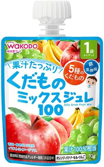 和光堂 1歳からのMYジュレドリンク くだものミックス100 パウチタイプ　70g　 商品説明 『和光堂 1歳からのMYジュレドリンク くだものミックス100 パウチタイプ　70g　』 りんご、ぶどう、もも、バナナ、オレンジを配合した果汁100%相当のジュレです。手軽にくだものの摂取ができます。鉄・乳酸菌（殺菌済み）入り。 対象年齢（目安）：1歳からずっと。 【和光堂 1歳からのMYジュレドリンク くだものミックス100 パウチタイプ　70g　　詳細】 原材料など 商品名 和光堂 1歳からのMYジュレドリンク くだものミックス100 パウチタイプ　70g　 原材料もしくは全成分 りんご濃縮果汁(チリ製造)、ぶどう濃縮果汁、果糖ぶどう糖液糖、バナナ濃縮果汁、もも濃縮果汁、オレンジ濃縮果汁、殺菌乳酸菌粉末/糊料(増粘多糖類)、酸味料、乳化剤、ピロリン酸第二鉄 内容量 70g　 販売者 アサヒグループ食品 広告文責 株式会社プログレシブクルー072-265-0007 区分 ベビーフード和光堂 1歳からのMYジュレドリンク くだものミックス100 パウチタイプ　70g　