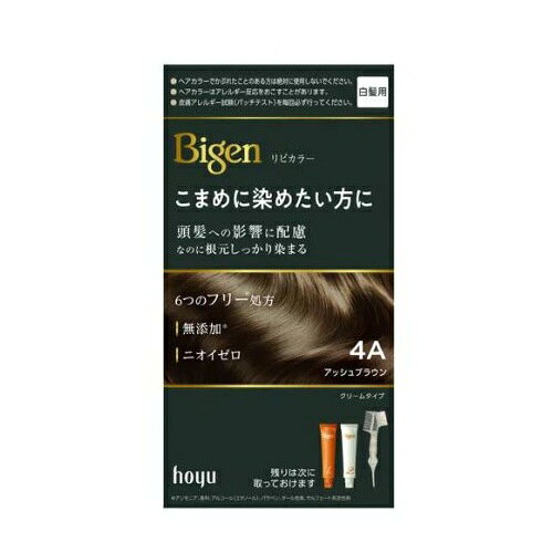 ホーユー ビゲン リピカラー 4A アッシュブラウン 商品説明 『ホーユー ビゲン リピカラー 4A アッシュブラウン』 ◆頭髪への影響に配慮、なのに根元しっかり染まる。こまめに染めたい方用の白髪染め ◆6つのフリー処方(アンモニア、香料、アルコール(エタノール)、パラベン、タール色素、サルフェートは無添加) ◆染めた後までニオイゼロ ◆エイジング毛に特化したキューティクル保護成分配合 ◆頭髪想いのうるおい成分、毛髪保護成分配合 ホーユー ビゲン リピカラー 4A アッシュブラウン　詳細 原材料など 商品名 ホーユー ビゲン リピカラー 4A アッシュブラウン 原材料もしくは全成分 ★1剤 有効成分：塩酸2.4-ジアミノフェノキシエタノール、パラアミノフェノール、メタアミノフェノール、硫酸トルエン-2.5-ジアミン、レゾルシン その他の成分：BG、HEDTA・3Na2水塩、PEG(20)、PG、POEオレイルエーテル、POEステアリルエーテル、POEセチルエーテル、アスコルビン酸、アラキルアルコール、グリチルリチン酸2K、サッカリンNa、ジメチコン、ステアリルアルコール、ステアルトリモニウムクロリド、モノエタノールアミン、ルチン、ワセリン、塩化K、塩化ヒドロキシエチルセルロースジメチルジアリルアンモニウム、酵母エキス-3、水酸化Na、無水亜硫酸Na ★2剤 有効成分：過酸化水素水 その他の成分：POEステアリルエーテル、POEセチルエーテル、ジメチコン、ステアリルアルコール、ステアルトリモニウムクロリド、ヒドロキシエタンジホスホン酸4Na液、ヒドロキシエタンジホスホン酸液、フェノキシエタノール、ベヘニルアルコール、ポリ塩化ジメチルジメチレンピロリジニウム液、高重合ジメチコン-1、流動パラフィン 内容量 1セット 販売者 ホーユー 販売名A11 ヘアカラー 1剤A 4A、HC オキサイド 2剤A ご使用方法 ・使用量の目安：ショートヘア(髪全体)約1回分 ・髪の量が多い方は2箱ご用意ください。 ・残りは次に取っておけます ・ ・ご使用前に必ず説明書をよく読んでお使いください。 ・染毛の48時間前には必ず皮膚アレルギー試験(パッチテスト)をしてください。 (1)混合クリームをつくる ・1剤と2剤を同量出し、よく混ぜます。 (2)クリームをぬる ・乾いた髪に、コームブラシでムラなくぬります。 ・白髪が気になる部分には、たっぷりぬります。 ・15分放置 (3)洗い流す ・よくすすぎ、シャンプー・コンディショナーで仕上げます。 セット詳細 1剤：40g、2剤：40g、コームブラシ、手袋 ご使用上の注意 ・ヘアカラーでかぶれたことのある方は絶対に使用しないでください。 ・ヘアカラーはアレルギー反応をおこすことがあります。 ・皮膚アレルギー試験(パッチテスト)を毎回必ず行ってください。 ・ヘアカラーでかゆみ、発疹、発赤がでたことのある方は、絶対に使用しないでください。 ・必ずご購入前・ご使用前にお読みください。 ・ご使用の際は使用説明書をよく読んで正しくお使いください。 ・次の方は使用しないでください。 ・今までに本品に限らずヘアカラーでかぶれたことのある方 ・今までに染毛中または直後に気分の悪くなったことのある方 ・皮膚アレルギー試験(パッチテスト)の結果、皮膚に異常を感じた方 ・頭皮あるいは皮膚が過敏な状態になっている方(病中、病後の回復期、生理時、妊娠中等) ・頭、顔、首筋にはれもの、傷、皮膚病がある方 ・腎臓病、血液疾患等の既往症がある方 ・体調不良の症状が持続する方(微熱、けん怠感、動悸、息切れ、紫斑、出血しやすい、月経等の出血が止まりにくい等) ・薬剤や洗髪時の洗い液が目に入らないようにしてください。 ・眉毛、まつ毛には使用しないでください。 ・幼小児の手の届かない所に保管してください。 ・高温や直射日光を避けて保管してください。 ・幼小児には使用しないでください。 原産国 日本 広告文責 株式会社プログレシブクルー072-265-0007 区分 医薬部外品ホーユー ビゲン リピカラー 4A アッシュブラウン　1セット×5個セット