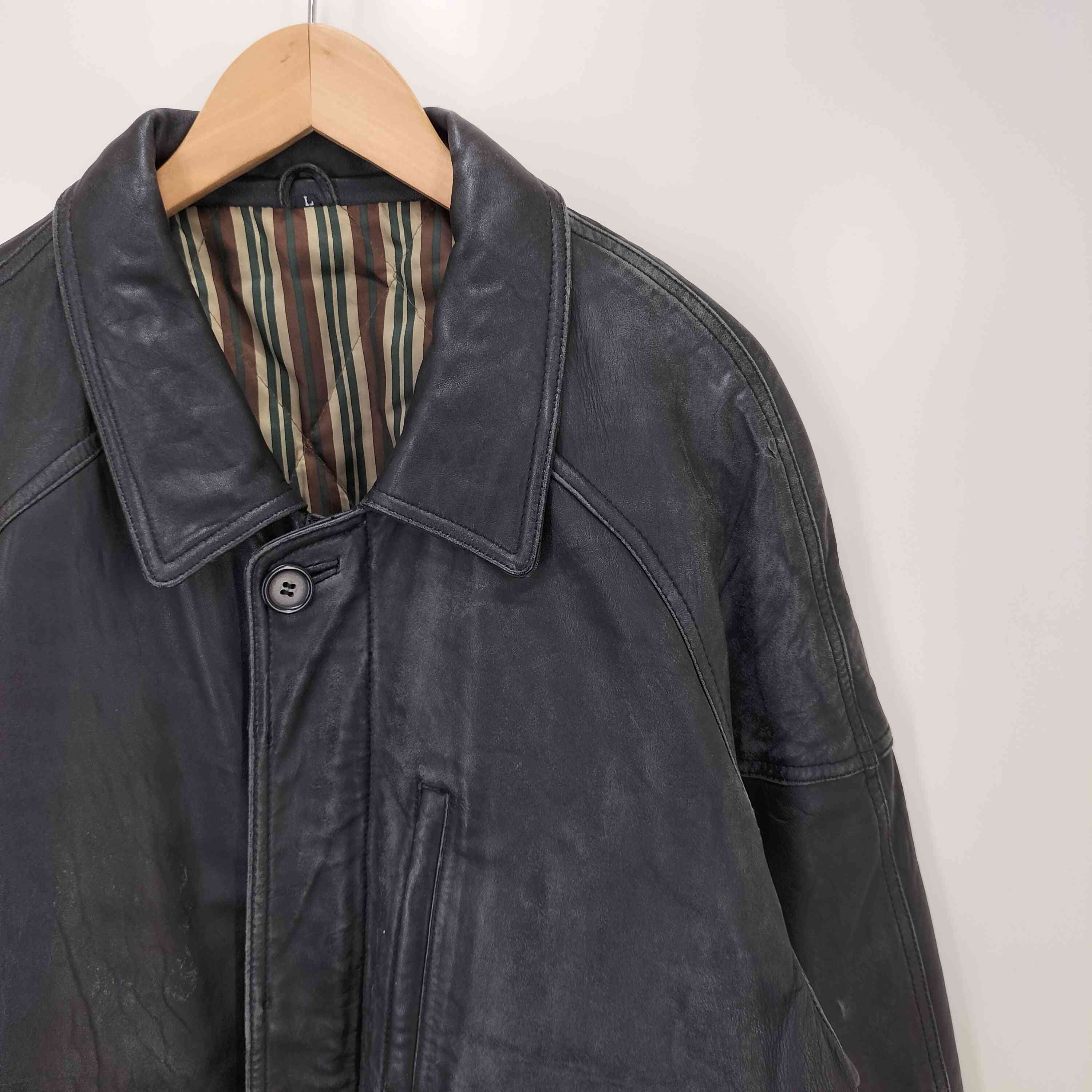 【中古】ユーズドフルギ USED古着 裏地ストライプ レザーカーコート メンズ 表記無