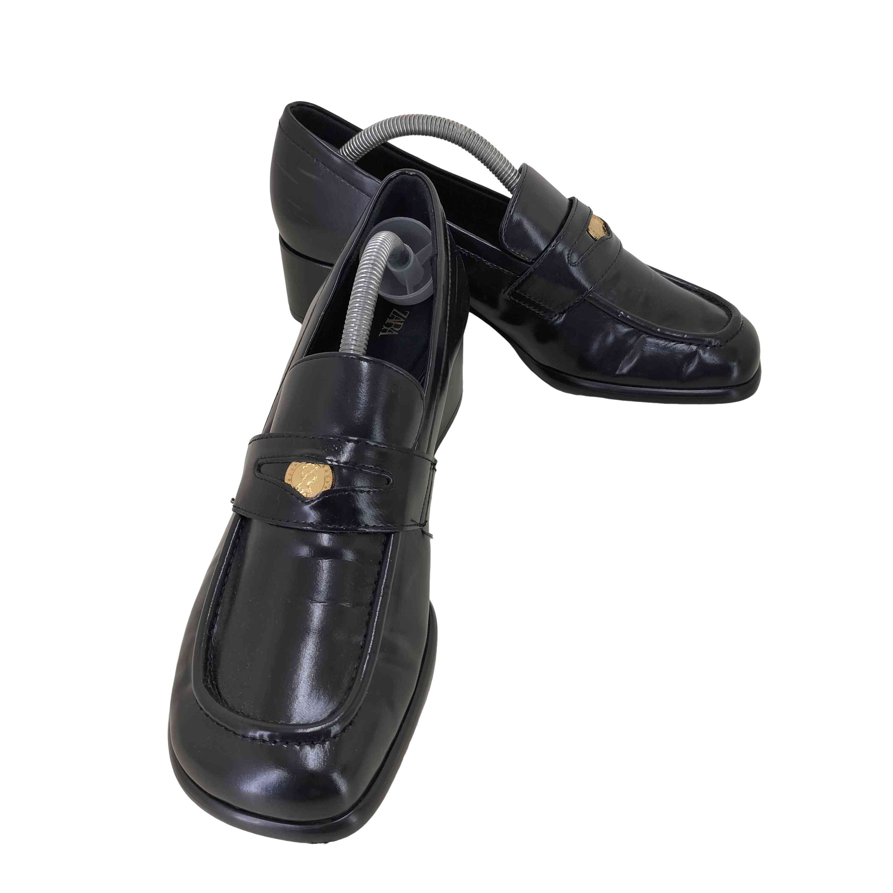 【中古】ザラ ZARA メタルディテール付きブロックヒールローファー スクエアトゥ ヒールローファー レディース 24.5