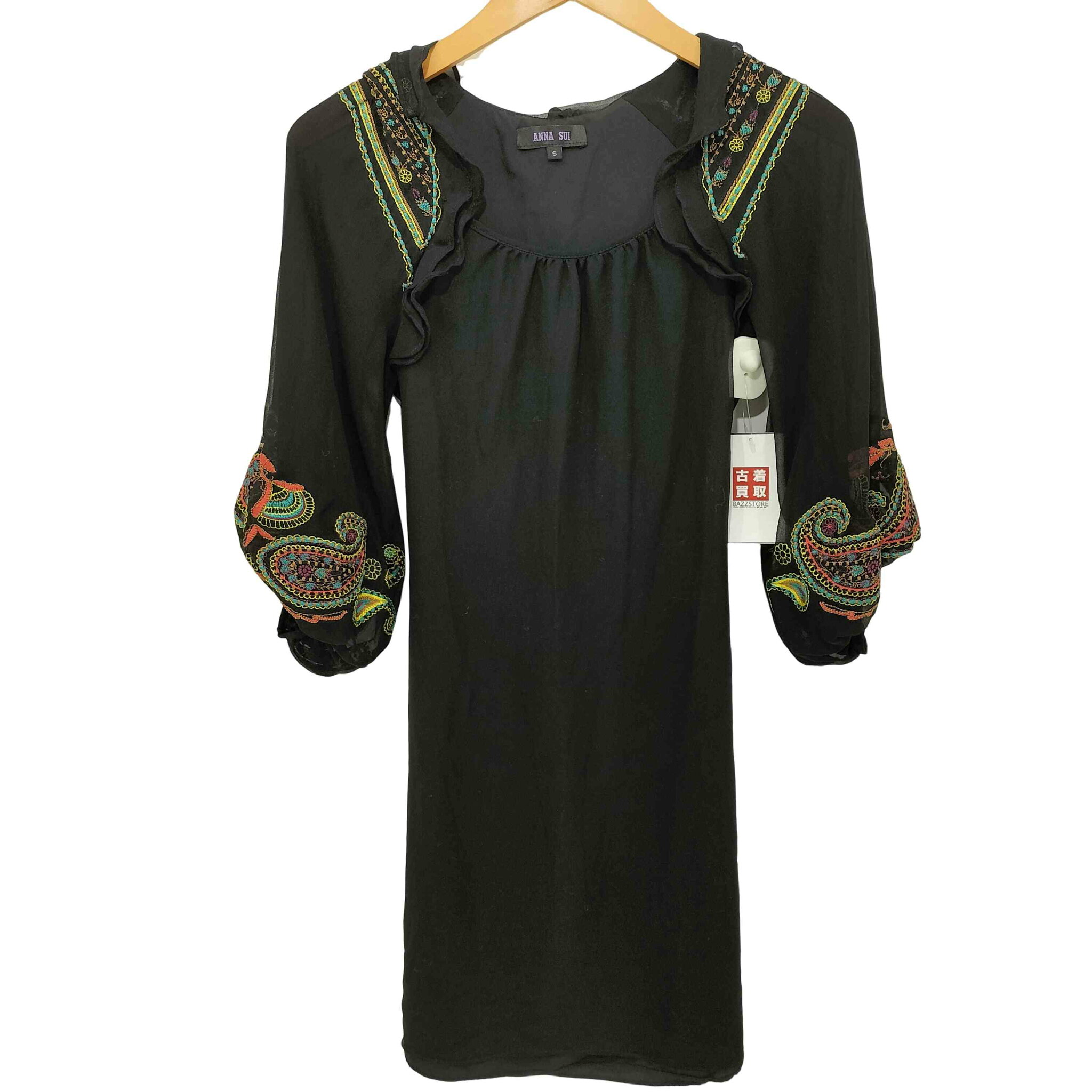 【中古】アナスイ ANNA SUI 刺繍デザイン 総シルク バルーンスリーブ チュニック ワンピース レディース S