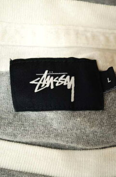 ステューシー Stussy クルーネックTシャツ メンズ - グレー系 × 白系 JPN：L 日本サイズ：L 相当 ピスネーム付ボーダー半袖ポケットTシャツ【中古】【ブランド古着バズストアBAZZSTORE】【070620】