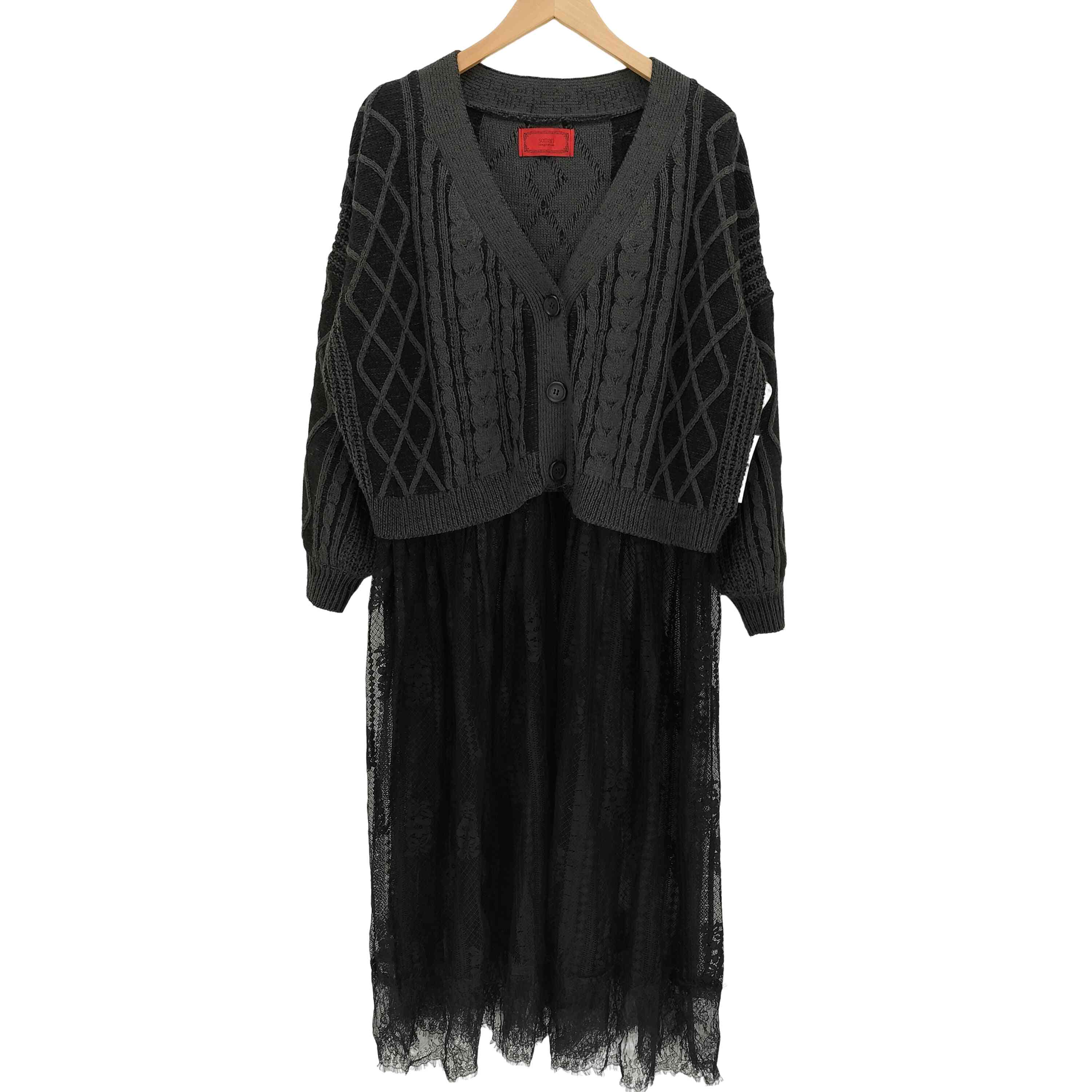 【中古】ソマリ SOMARI ケーブルニット レース切り替え ロング カーディガン レディース FREE