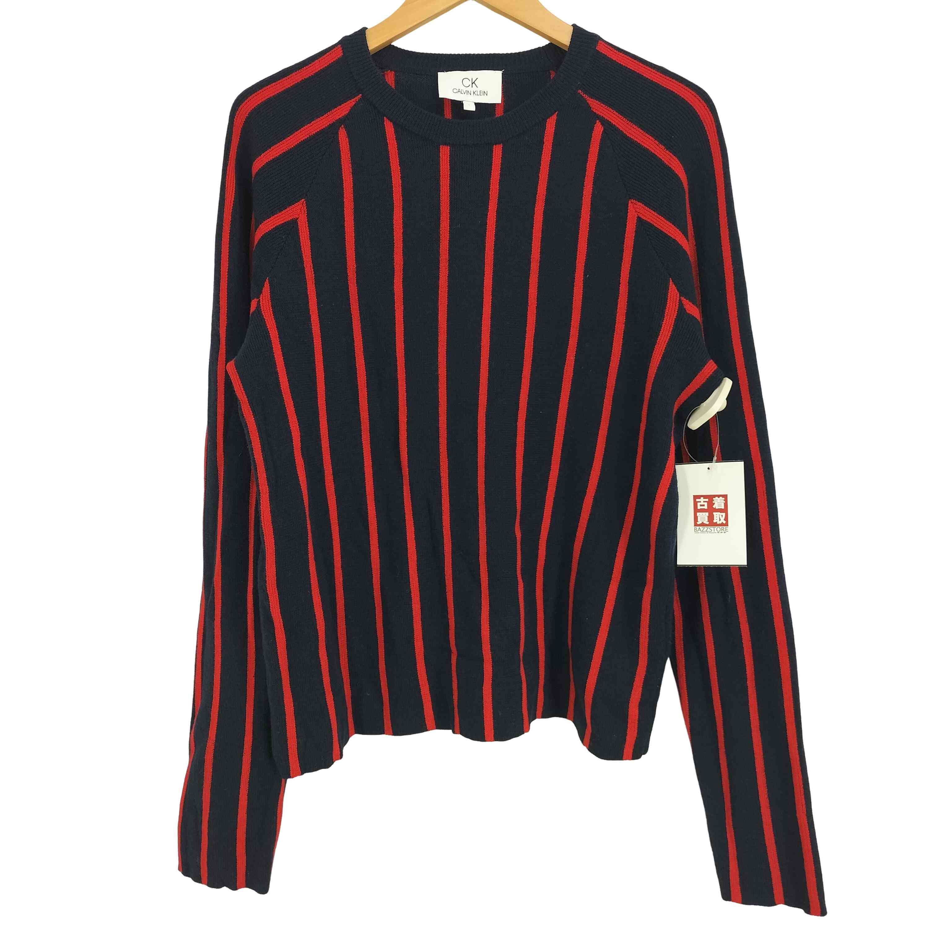 【中古】カルバンクライン CALVIN KLEIN ウール ストライプ ラグラン ニット レディース import：L