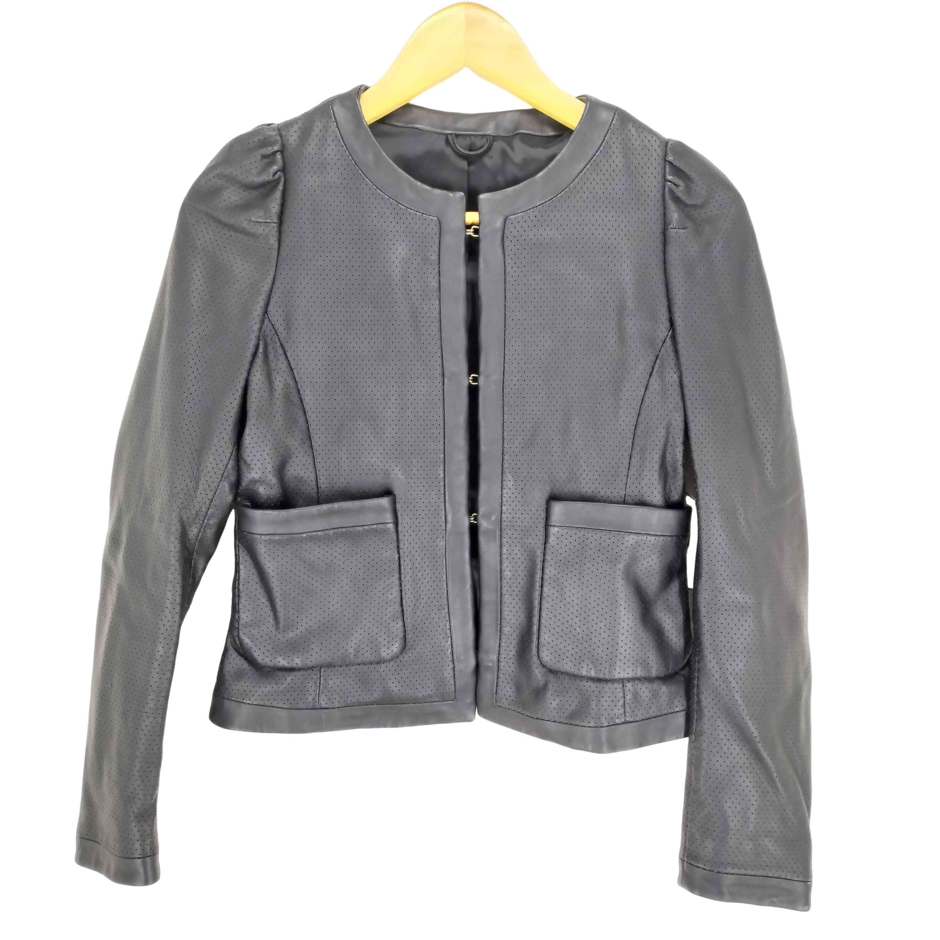 【中古】ユーズドフルギ USED古着 フロントフック パンチング加工 ラムスキン レザージャケット レディース JPN：M