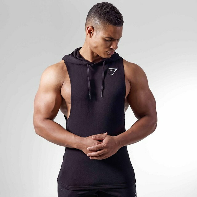 ☆【送料無料】GymShark　ジムシャーク　Drop Arm Sleeveless Hoodie フーディ　- ブラック【BLACK】メーカー直輸入品！　Lサイズ