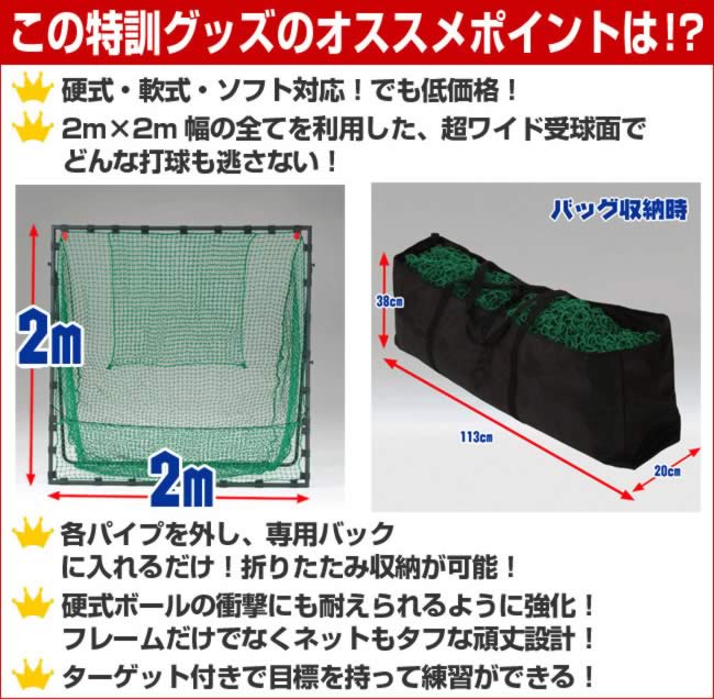 野球 練習 ネット 硬式 軟式M号・J号 ソフトボール対応 2m×2m 専用バッグ・ターゲット付き 打撃 バッティング FBN-2020H2 フィールドフォース