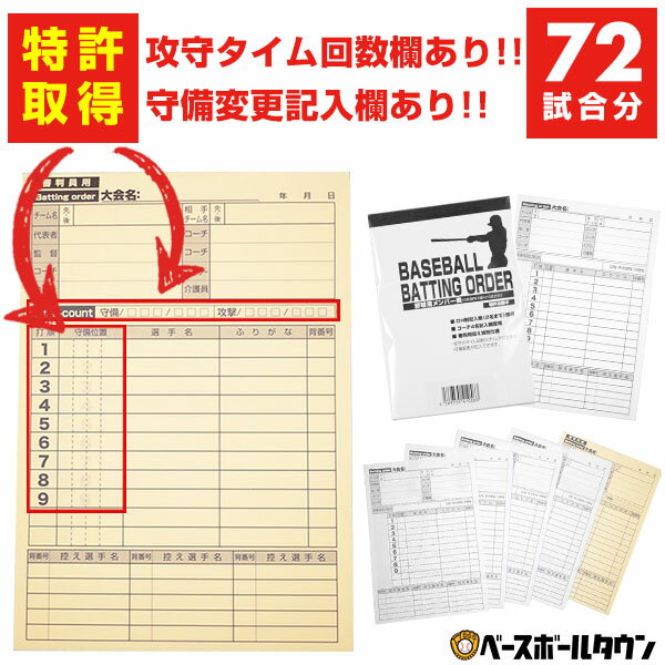 72試合分 メンバー表 審判用控え特別仕様(攻守タイム回数・守備変更記入欄) 打順表 野球用 5枚複写 24試合分×3冊 メンバー交換表 特許取得 メール便可