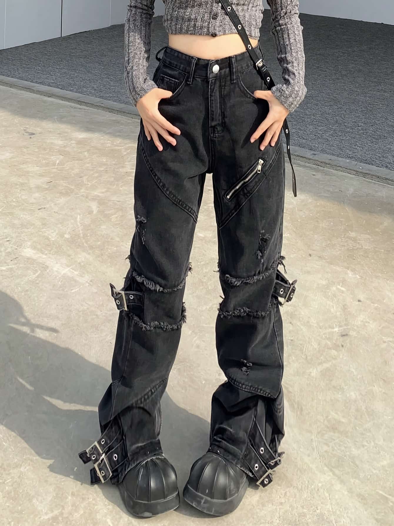 【Y2Kストリート】デニムパンツレディースジーンズジーパンズボン切り替えフリンジ切りっぱなしダメージクラッシュジップカーゴパンツストレートワイド美脚脚長体型カバーハイウエスト着痩せ韓国ファッションモード系パンクロックサブカル地雷系原宿系ダンスバックル春