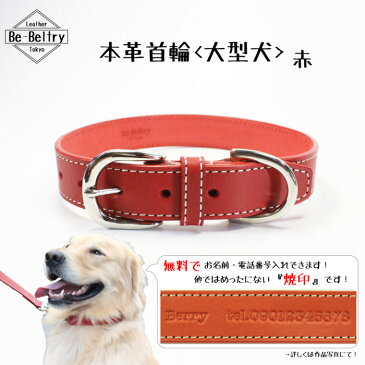 皮革製 一枚革 犬首輪 大型犬 本革 名入れ 焼き印無料 幅24mm 赤色 (レッド) 首回り35〜50cm対応 サイズ調整可 余剰ベルト止め付属付き 姫路レザー社製 高級ヌメ革 送料無料