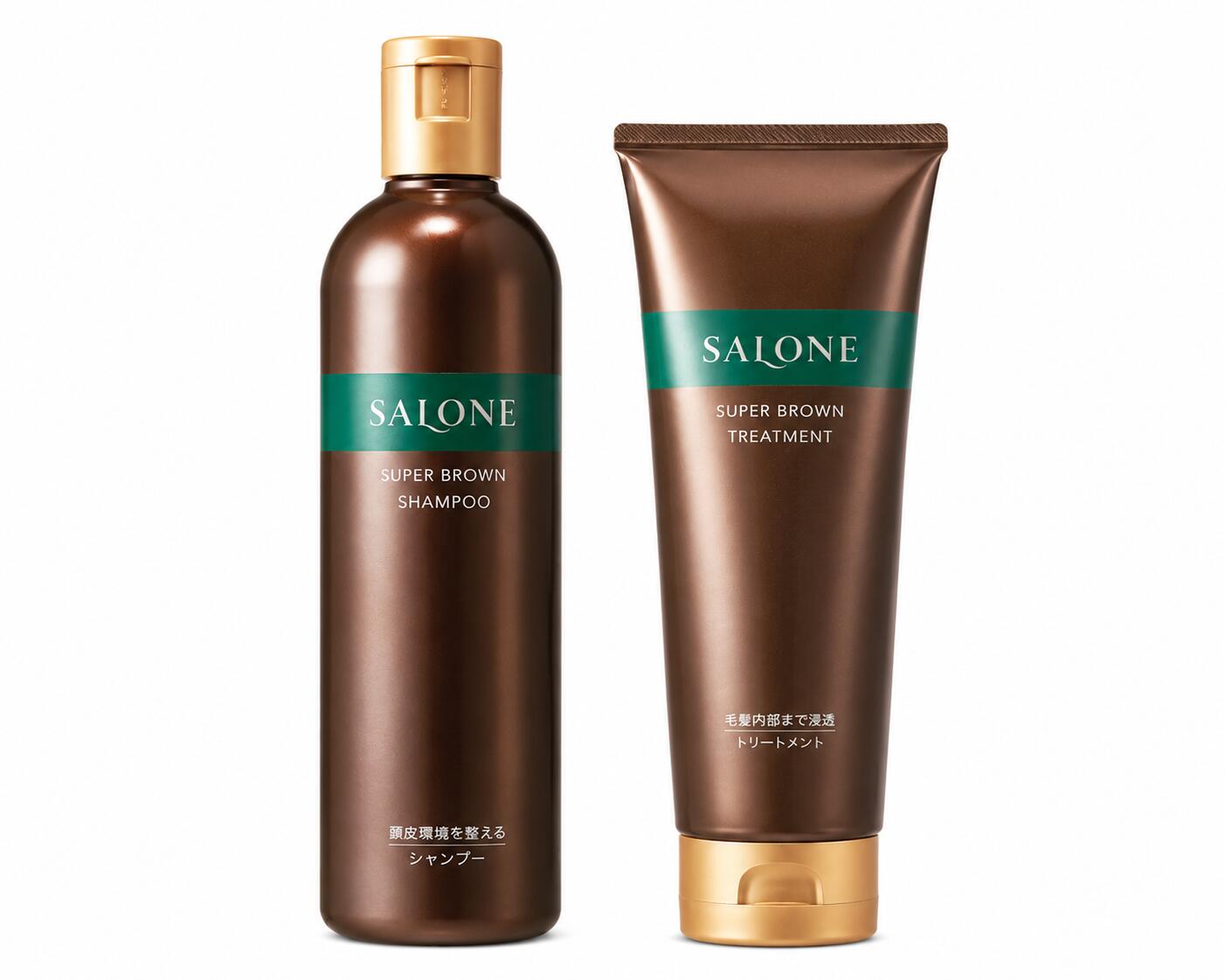 サローネスーパーブラウンシャンプー330ml+サローネスーパーブラウントリートメント250g　お得なセット。細くなった髪、地肌の透け、抜け毛に白髪・・・加齢とともに増える髪の悩み。そのような髪の悩みを抱えるお客様のためのエイジングケア*用ブランドです。 シャンプー、トリートメントセット 5