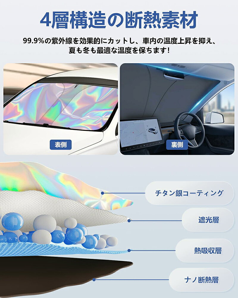 BeFiMerの車用サンシェード 【多層遮光 遮熱アップグレード】フロントガラス バイザー 車用 吸盤不要 断熱素材 遮光 断熱 UVカット 劣化防止 折り畳み式 自動車 カー用品 紫外線遮蔽 夏 日差しを防ぐ プライバシー保護 車種専用 コンパクト収納 車中泊 日焼け 暑さ対策 収納ポーチ付き｜アングル3