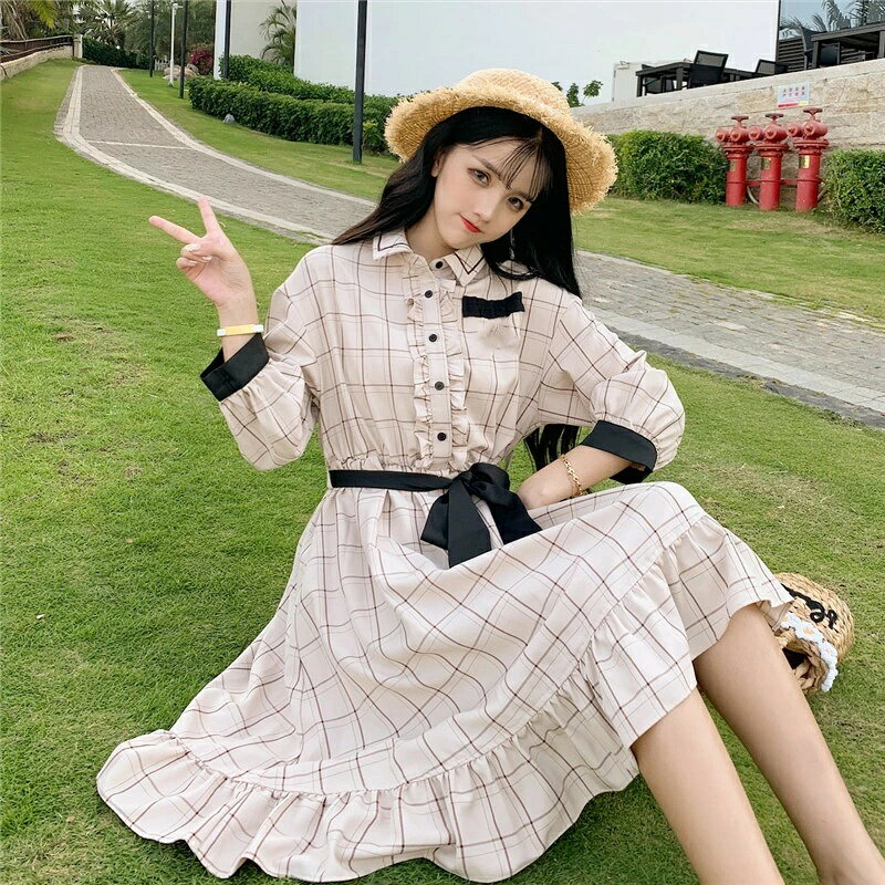 乐天商城 - 最強翌日配送 レディース ギンガムチェック 体型カバー フレアスカート 春秋夏 バックウエストゴム ゆったり ボリュームスカートチェック柄スカート 中長袖 ワンピース レディース 春 夏 秋 冬 ミモレワンピース シャーリング 裏地付き きれいめ 夏