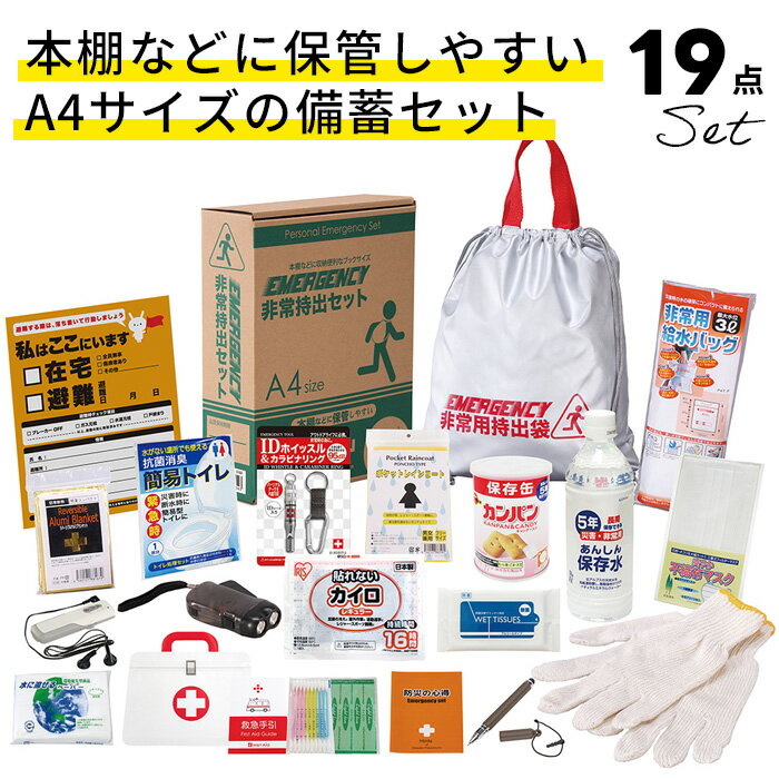 非常持出セット19点セット GS50エピオス 備蓄 備え 防災セット 備蓄セット 避難生活 レインコート 救急セット　簡易トイレ 緊急避難カード アルミブランケット 帰宅支援 帰宅困難者対策 企業 自治体 備蓄のサムネイル