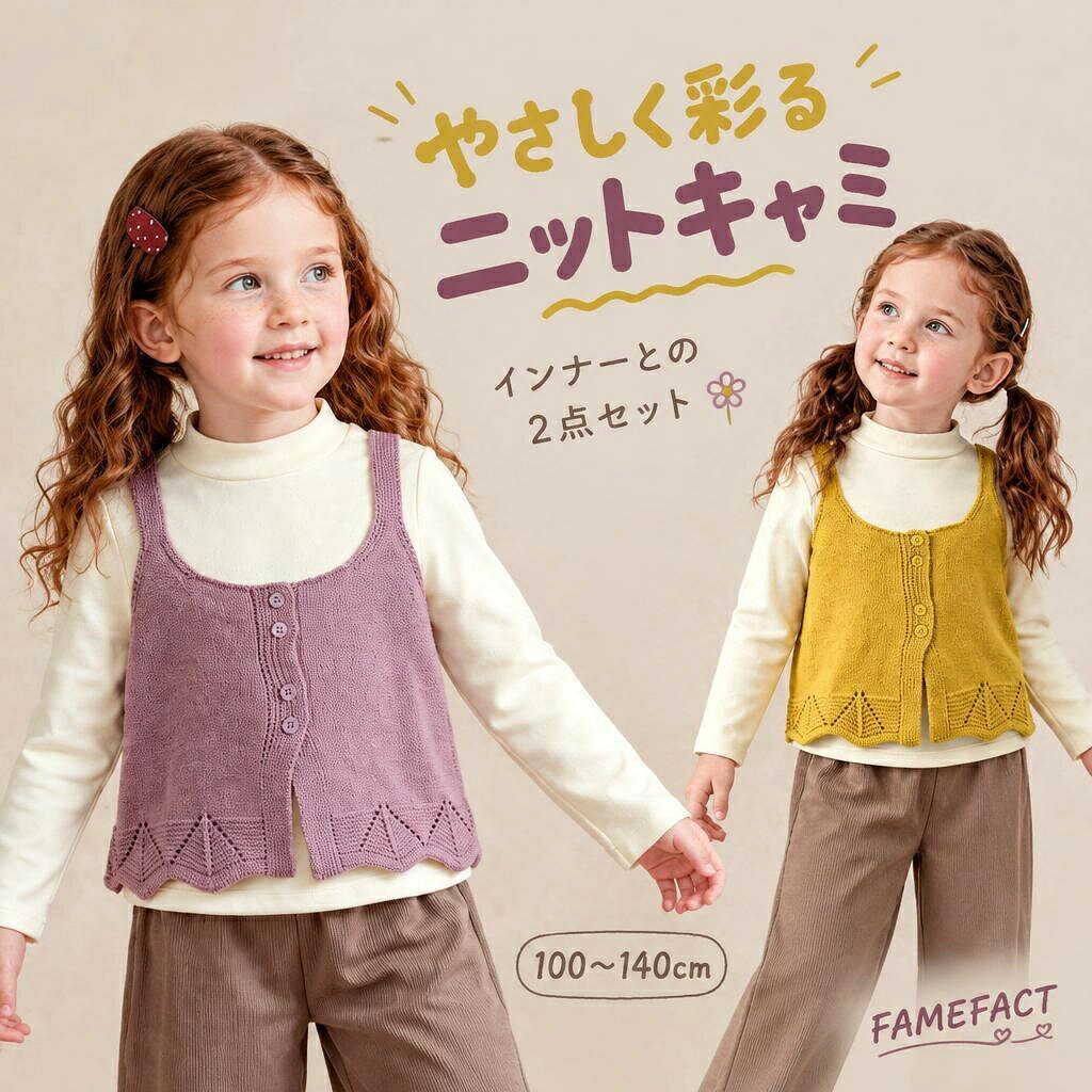 商品内容ニットキャミソール＋長袖インナーの2点セット素材インナー：綿93.5%、ポリウレタン6.5%／ニットキャミソール：アクリル100%サイズ100・110・120・130・140cm。カラーにより選べるサイズが異なります。実寸表をご確認ください。ご注意海外製品のため、仕上がり、色味、サイズには個体差が生じる場合があります。ご使用前に商品の状態をご確認ください。お届け後にお気づきの点がございましたら、ショップまでお問い合わせください。