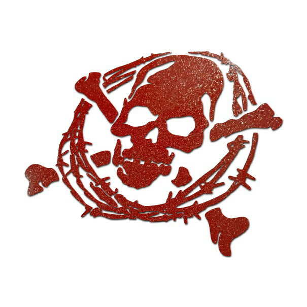 ラメ入りスカルステッカー 切り抜きタイプC2有刺鉄線枠 9cm×8.1cm ダークレッドラメ