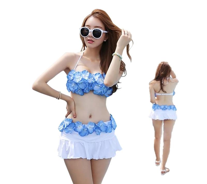 [Grandool] レディース 水着 花びら モチーフ ホルター ビキニ S/M/L ブルー