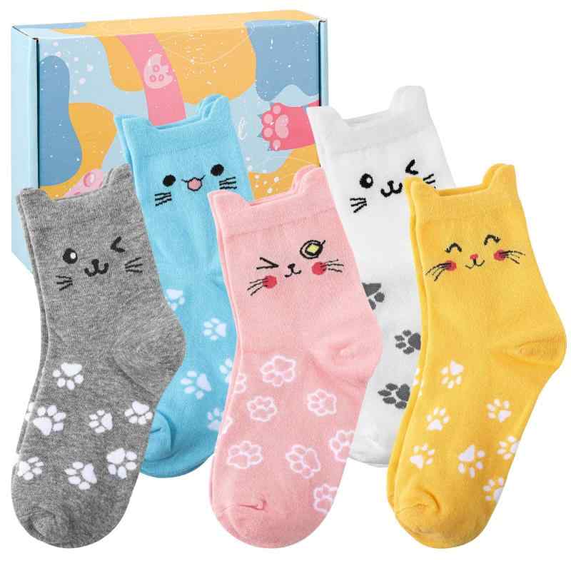 [girldate] 靴下 レディース 5足セット かわいい 猫柄ソックス ねこ顔 ネコ耳付き くるぶしソックス 綿 コットン 柔らかい 通気性 可愛い おしゃれ カラフル くつした 女性用 人気 誕生日 贈り