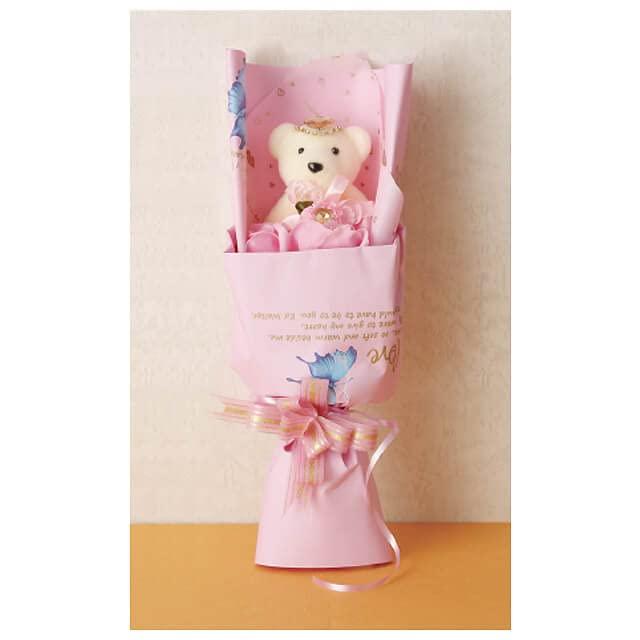 ポピー名古屋 ソープフラワー シャボンフラワー 造花 ギフト プレゼント ぬいぐるみ入り ブーケ バラ 花束 約34cm 専用ケース付き S-001 ピンク