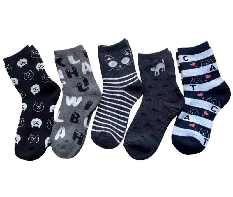 [エデン・ジャパン] 靴下 レディース あったか 厚手 パイルソックス ネコ柄 ソックス レディース 冬 可愛い 猫柄 5足組（柄はお任せ） G16