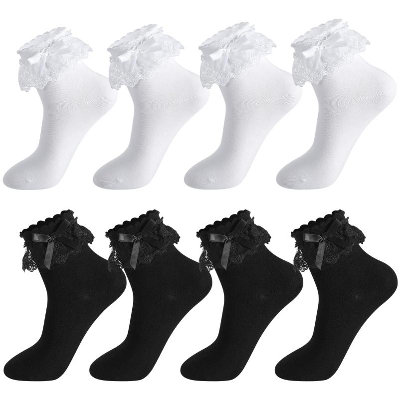 [girldate] レース 靴下 レディース 4足セット レースソックス ロリータ 可愛い ガーリー 綿 柔らかい 通気性 脱げにくい 蒸れない 抗菌 防臭 くつした JK 通学 通勤 発表会 入学式 制服 黒 白