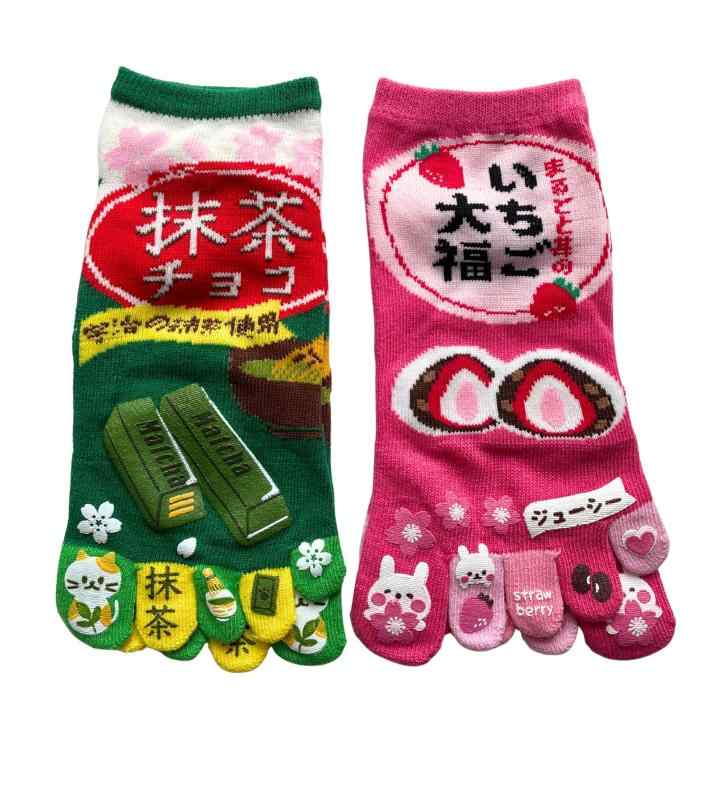 [モードセレクト] 5本指ソックス レディース キャラクター 2足組 薄手 夏 くるぶし丈 いちご大福 抹茶..