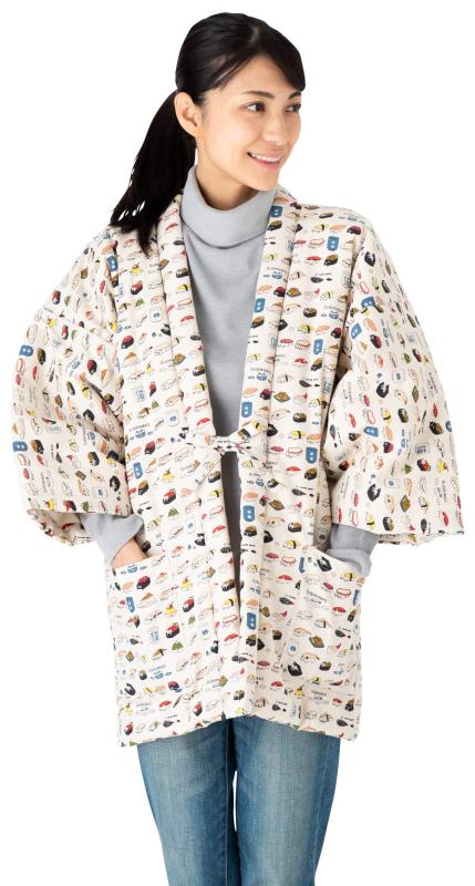 綿の郷(ワタノサト) 猫柄プリント綿入り久留米袢纏 はんてん 女性用 かわいい ネコ 防寒着 日本製