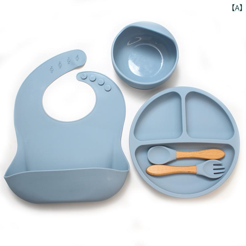 アマゾンで 人気の 子供 用 食器 セット、 笑顔の シリコン 製 食器、 ベビー 用 補助 食 ボウル、 よだれかけ、 スプーン、 フォーク