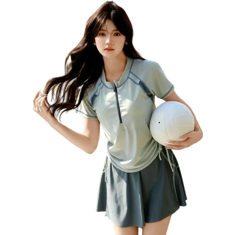 [Kayiyasu] 水着 レディース セパレート 2点セット タンキニ 半袖 ラッシュガード スカート 見せパン付き パット付き 学生 水泳 フィットネス S-L