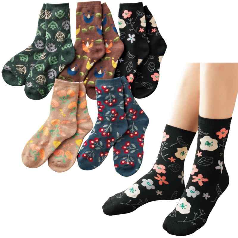 [smile smile smile] あったか パイル ソックス 北欧花柄 5足組 レディース 22-24.5cm 厚手 内側全面パイル 保温 くつ下 靴下 洗い替え 便利 グリーン ブラウン ブラック ベージュ ネイビー 通勤 通学