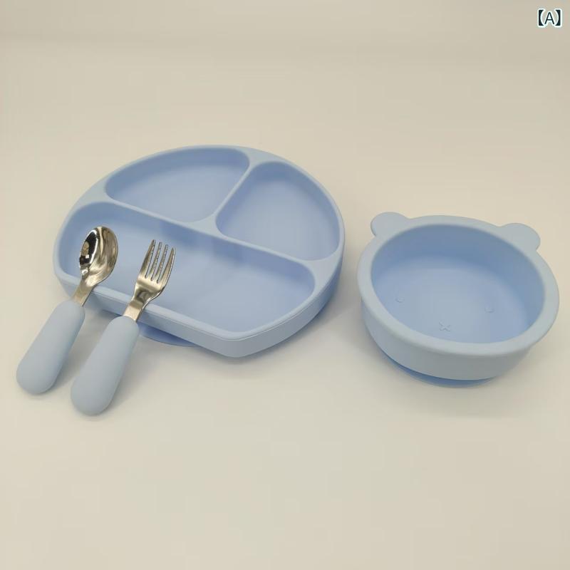 ベビー 食器 セット、 シリコン 一 体型 仕切り ディナー プレート、 子供 用 クマ 吸盤 ボウル、 ベビー フォークと スプーン、 栄養 補助 食品