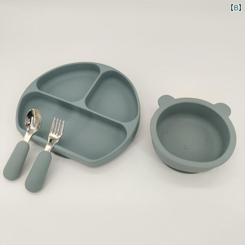 ベビー 食器 セット、 シリコン 一 体型 仕切り ディナー プレート、 子供 用 クマ 吸盤 ボウル、 ベビー フォークと スプーン、 栄養 補助 食品 beachdrop-10713993 ビーチドロップ サンプル画像2