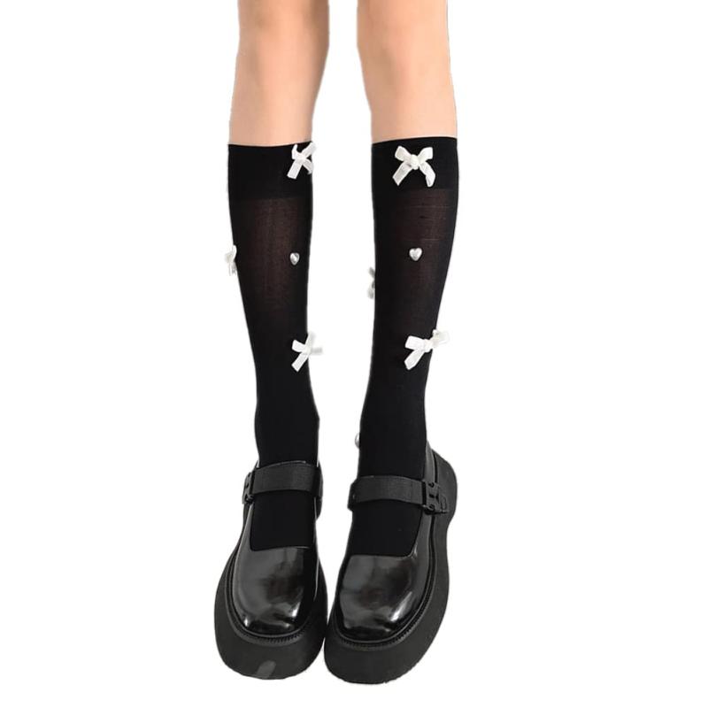 [FASELE] 靴下 ハイソックス ソックスレディース くつした JK 女の子 リボン 可愛い 蝶結び ハート柄 ロリターソックス 綿 lolita 通勤 通学 薄手 春夏秋 22-25cm