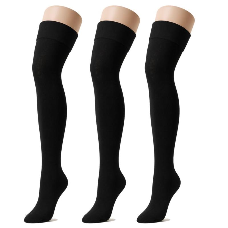 [Applause] 3足セット ゆったり履き口 黒無地レディースオーバーニーソックス 膝上丈 綿混素材