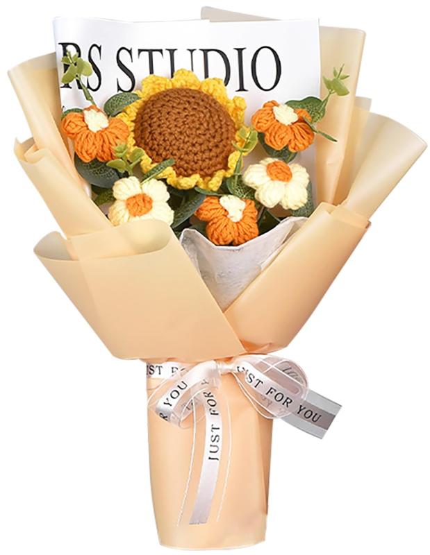 Lakymisy ひまわり花束 手作り 編み花束 ニットブーケ 花束ギフト 毛糸花 DIY 手芸ギフト 糸手編みブー..