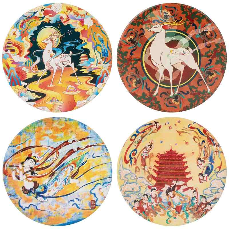 HannaFires 4枚セット 敦煌仏典テーマ 吸水性コースター — 七彩の鹿と仙女デザイン 中国風ティーコース..