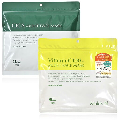 Make.iN CICA & Vitamin C 100 モイスト フェイスマスク セット(各30枚入)|シカ VC ビタミン 保湿 スキンケア Make.iN CICA & Vitamin C 100 モイスト フェイスマスク セット(各30枚入)|シカ VC ビタミン 保湿 スキンケア