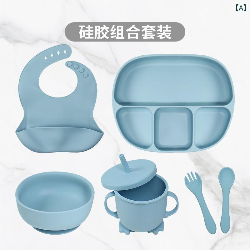 国境を 越えた 子供 用 食器 食品 グレードの シリコーン 高温 耐性 吸盤 コンパートメント ベビー よだれかけ ベビー 食器 セット