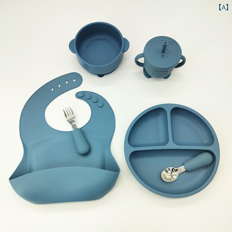 乐天商城 - 赤ちゃんの 補助 食器の シリカゲルの 食器の 子供の よだれかけの 耳の 碗の ステンレスの フォークの スプーンの 6 セットの 越境の 母子(x2)