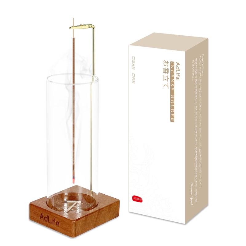 AdLife お香立て 灰がこぼれない 吊り下げ式 線香立て 香炉 ガラス 真鍮 木製台座 おしゃれ 可愛い インテリア 香道 仏壇 寝室 書斎 玄関 ヨガ 瞑想 贈り物にのサムネイル
