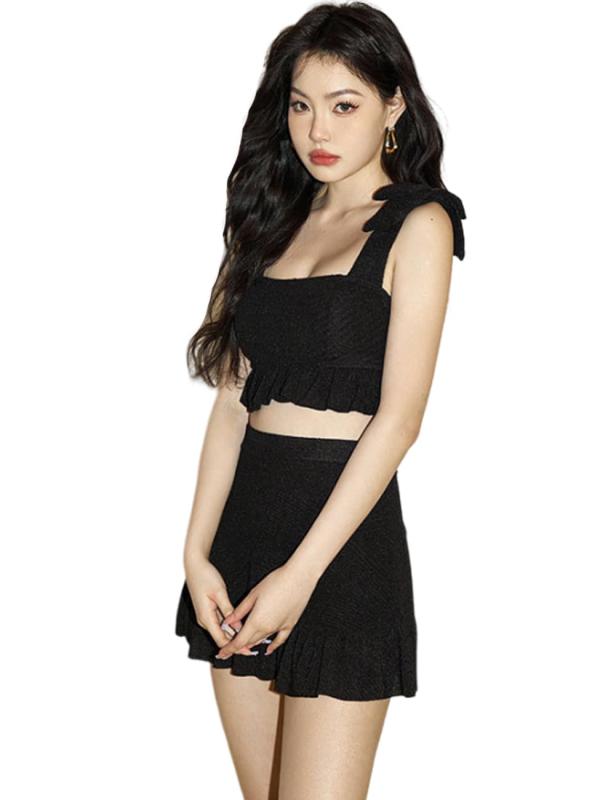 [AILAYRI] 水着 レディース ビキニ 2点セット セパレート 体型カバー水着 肩 リボン ノンワイヤー ビキニ フレアスカート ハイウエスト ビーチ 温泉 旅行