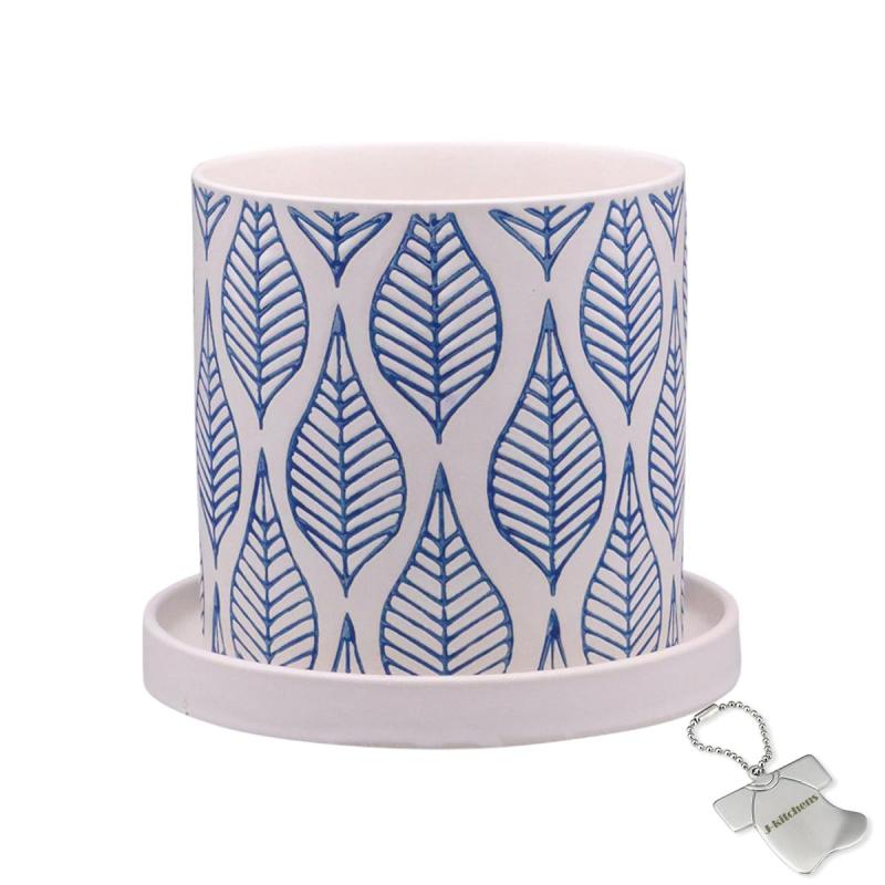 J-kitchens Select 置物 花瓶 陶器 植木鉢 リーフ デザイン ポット B ブルー Φ13.5xH13cm オリジナルタグ付 P-564846