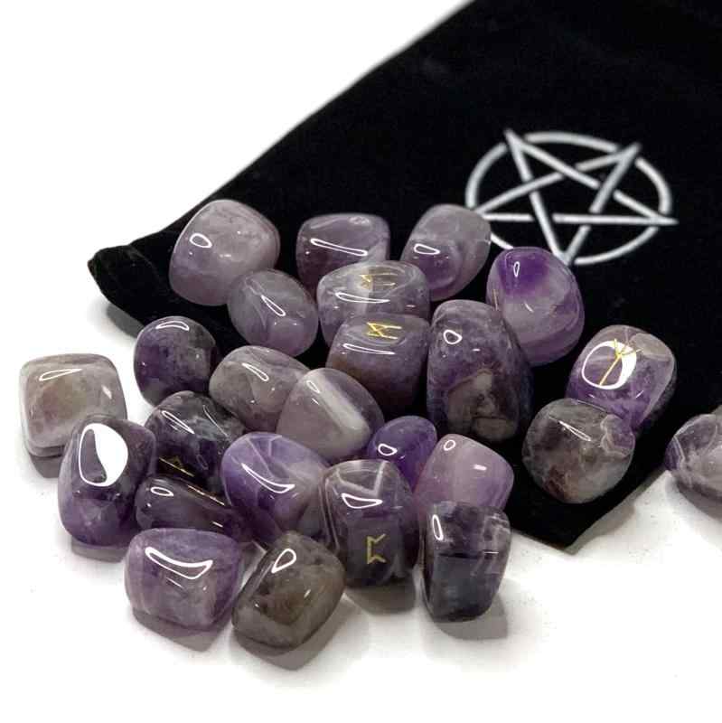 セドナの魔法 アメジスト ルーンストーン 25個セット ルーン文字 天然石 占いグッズ ポーチ、日本語説..