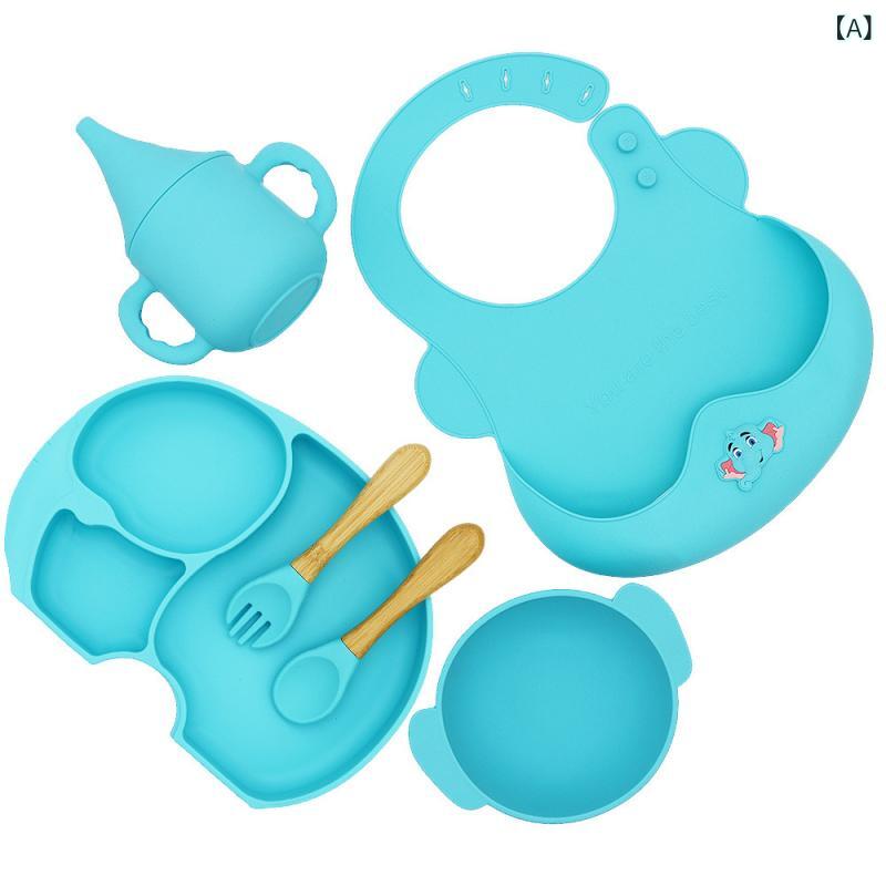 Automatic Food Dish - 国境を 越えた 食品 グレード シリコン 製 子供 用 食器、 赤ちゃん 用 給餌 用 仕切り 付き シリコン 製 プレート、 ボウル、 カップ、 よだれかけ セット