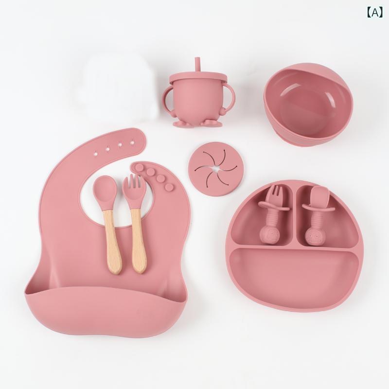 国境を 越えた スポット シリコン 食器 フォーク、 スプーン、 ドリンク カップ、 子供 用 栄養 補助 食品 9 点 セット、 吸盤 ボウル、 よだれかけ、 ディナー プレート、 落下 防止 吸盤