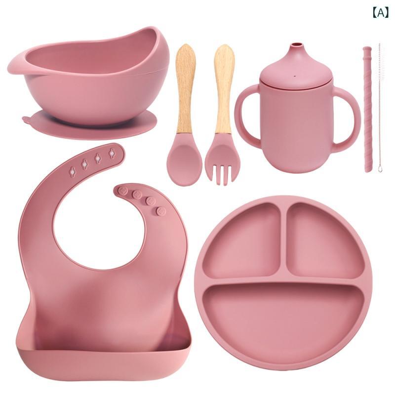 餐具, 给水器, 给饵器 - シリカゲル 赤ちゃん 7 点 セット 食器 よだれかけ 笑顔 食器 プレート 補助 食 丸 碗 スプーンフォークカップ 補助 食 食器 セット