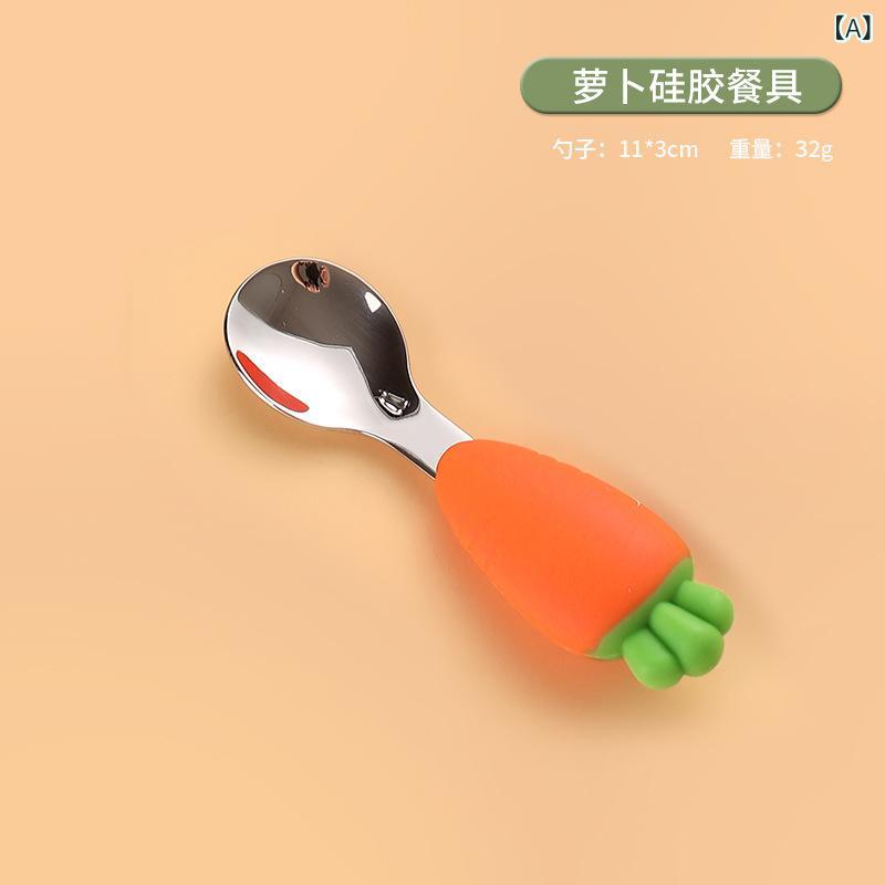 樂天商城 - シリカゲルの 子供の 食事の 皿の 赤ちゃんの 補助 的な 食事の 皿の 赤ちゃんの 304 ステンレスの スプーンの フォークの ニンジンの 贈り物の 食器の セット