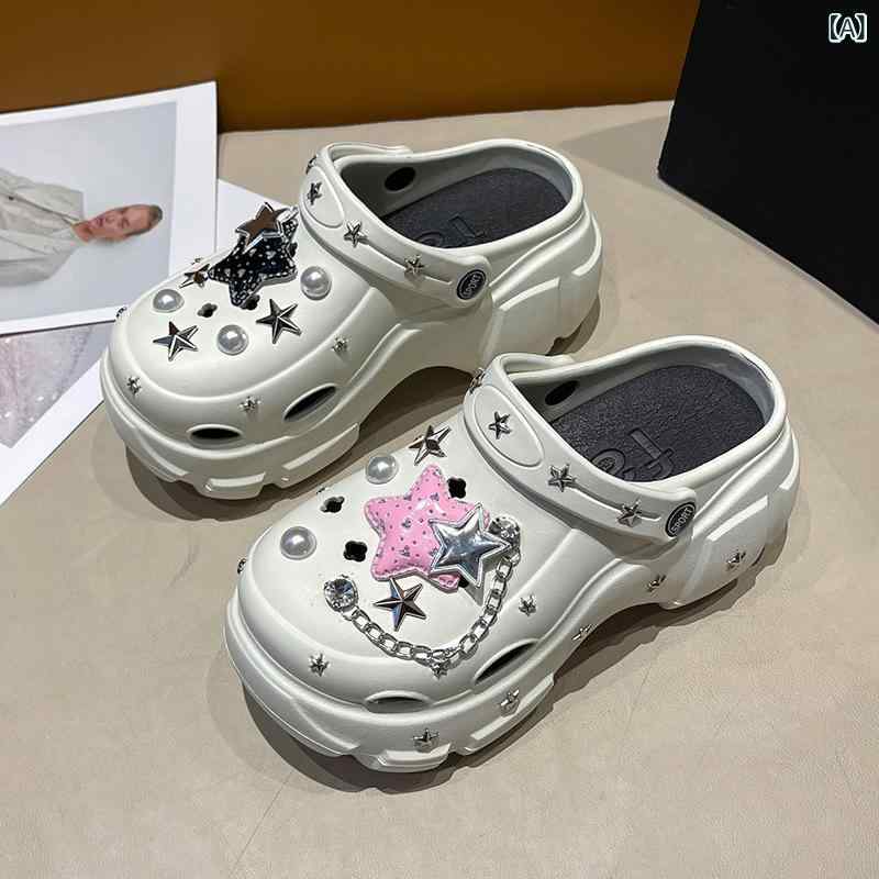 Rakuten - 厚い 底の 甘い クールな ピンクの 五 角 星の 穴の 靴の 女性の チェーン y 2 kの ギャルの 風の 夏の サンダルの 包 頭の 外は スリッパの 女性を 着ます。