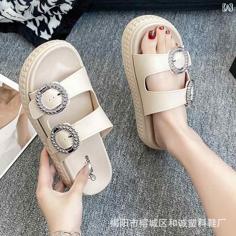 Rakuten - 欧米の 1 字の スリッパの 女性の 夏の 新型の 百 合の ドリルの 厚い 底の サンダルの 外で スリッパの 女性の ローマの ビーチの サンダルを 着ます。